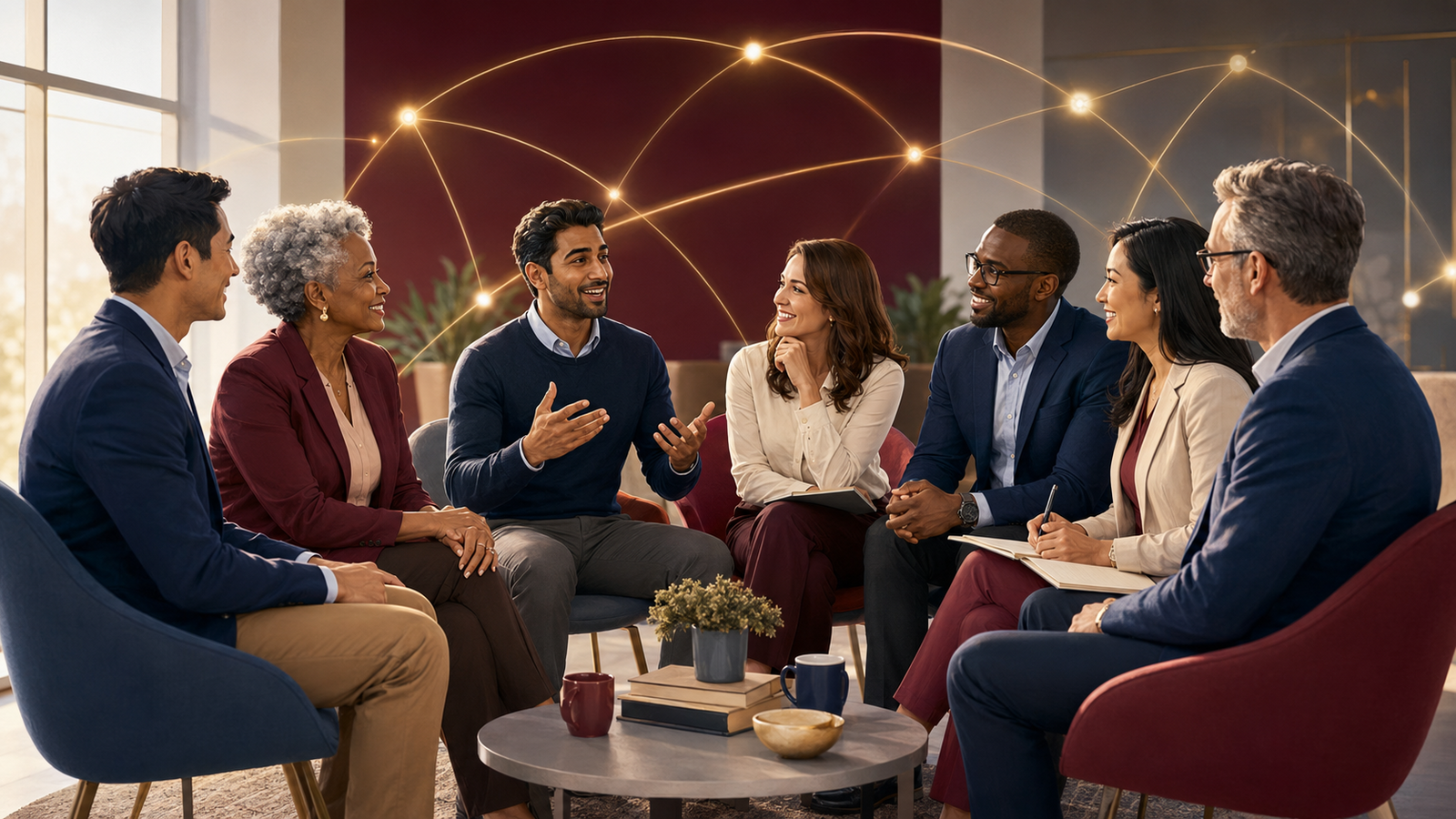 Seven diverse club officers connected through collaboration, learning, and shared leadership