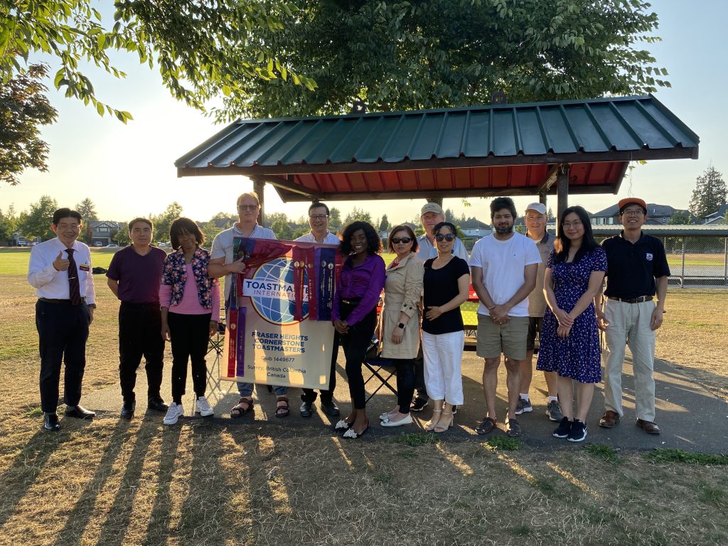 Toastmasters by the Sea joined Fraser Heights Cornerstone Toastmasters club’s meeting in the park for a Banner Raid event on July 20, 2023