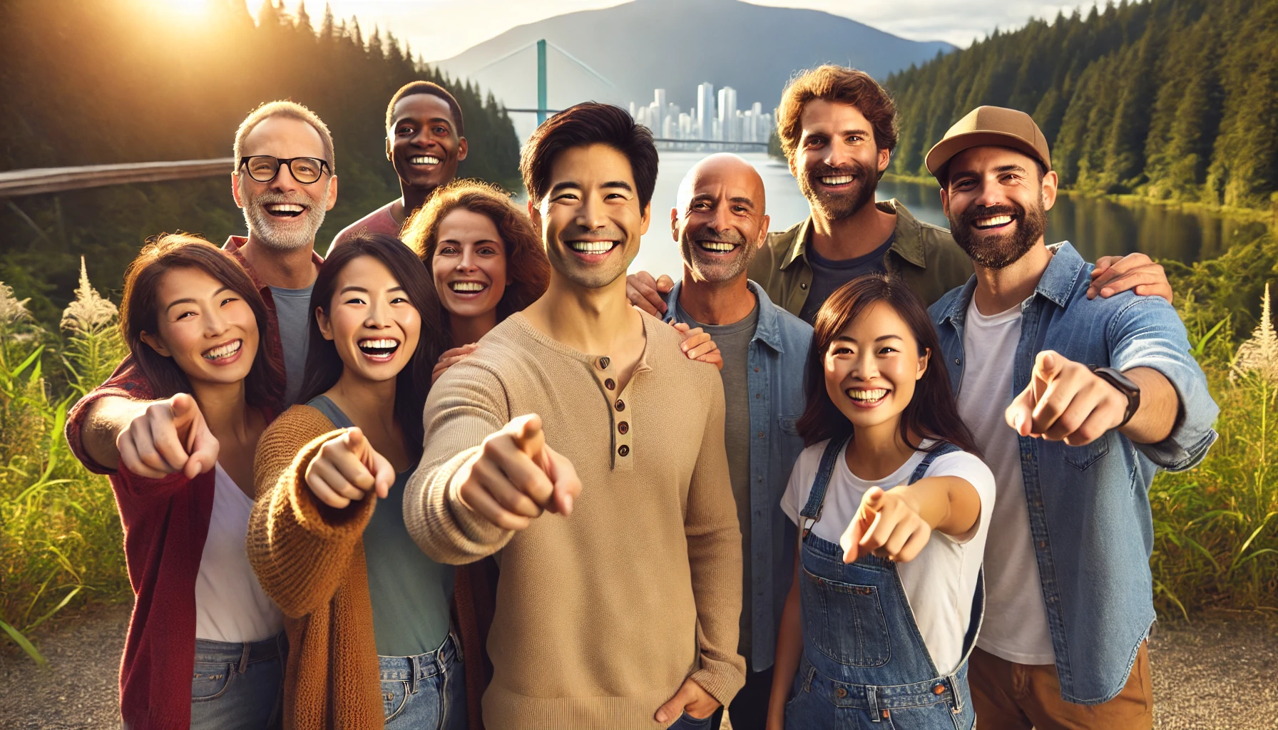 Group of people pointing in at you.