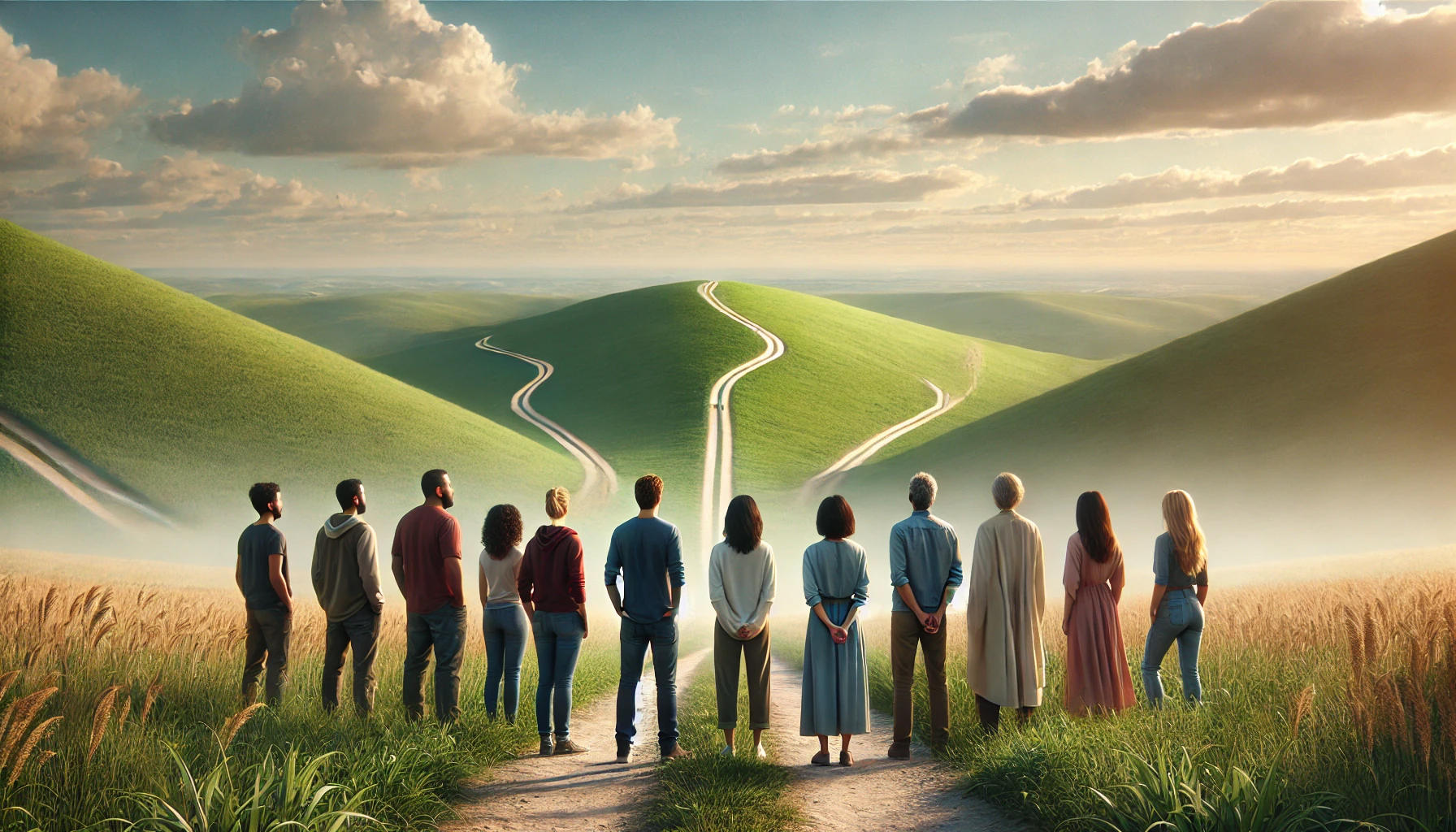 A group of adults standing together in a field of rolling green hills multiple paths stretch out before them.