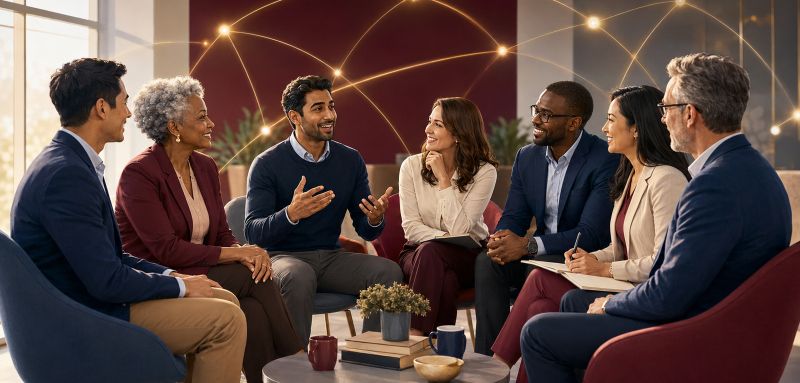 Seven diverse club officers connected through collaboration, learning, and shared leadership