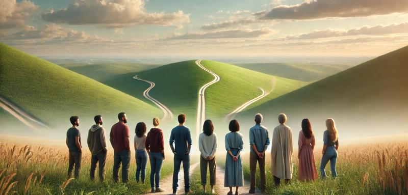 A group of adults standing together in a field of rolling green hills multiple paths stretch out before them.